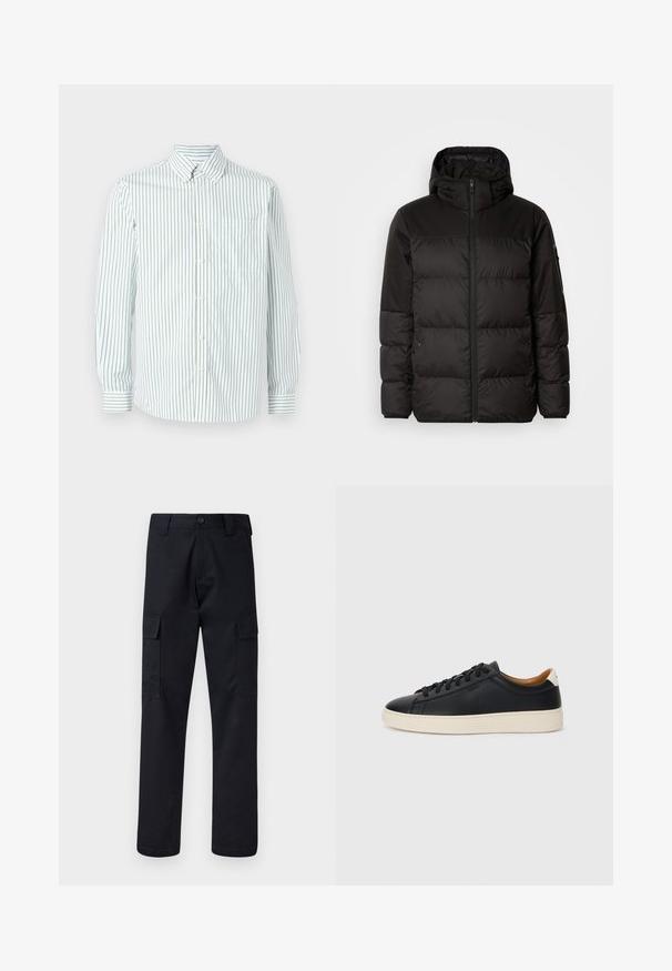 Mustikas puffer-jakk sisaldab tõmblukku, kapuutsi, tikandiga osi ja elastseid mansette, valmistatud siledast veekindlast materjalist.; Les Deux KENT - Pluus - white; Mustad mustad püksid, mis on valmistatud tugevast materjalist, sirge lõikega, kaht küljetaskut ja nööbiga sulgemist vöökoha juures.; Mustad nahast tennised sujuva pindadega, beež kummist tallaga, paelaga kinnitamine ja kontrastse kanna aktsendiga.