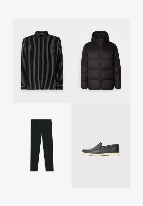 Sort pufferjakke med lynlås, hætte, quiltede sektioner og elastiske manchetter, lavet af et glat, vandafvisende materiale.; Sort skjorte med lodrette hvide striber, krave-design, lange ærmer, brystlomme og knaplukning. Stof ser glat og letvægts ud.; Sorte dressbukser med lige ben-design, lavet af glat stof. Har en frontlukning med knap og bæltestropper. Enkle uden mønstre.; Sorte læder slip-on loafers med en struktureret overflade og en kontrasterende beige gummisål. Har en subtil detalje langs forsiden.