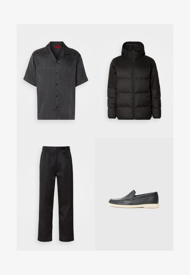 Črna zimska jakna ima zadrgo, kapuco, prešite odseke in elastične manšete, izdelana je iz gladkega, vodoodpornega materiala.; Kratek rokav, srajca s ovratnikom iz temno sive tkanine z gladko teksturo; vsebuje pet črnih gumbov in rdečo oznako blagovne znamke na vratu.; Črne hlače iz gladkega materiala, ki imajo sprednjo zaponko, naborke in ravne noge. Brez vidnih vzorcev ali okraskov.; Črne usnjene natikače z teksturiranim zaključkom in kontrastno bež gumo na podplatu. Imajo subtilen naglas vzdolž sprednje strani.