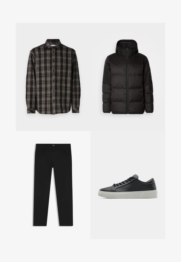 Il giubbotto puffo nero presenta una chiusura con zip, un cappuccio, sezioni trapuntate e polsini elastici, realizzato in un materiale liscio e resistente all'acqua.; Camicia a quadri nera e beige, maniche lunghe, chiusura frontale con bottoni, colletto classico e texture morbida con vestibilità strutturata.; Pantaloni in denim nero con taglio dritto, dotati di vita standard, cinque tasche e chiusura con bottone. Texture liscia su tutta la superficie.; Sneaker in pelle nera con una texture liscia, punta rotonda e lacci neri. Presenta una suola in gomma bianca spessa con sottili accenti geometrici.