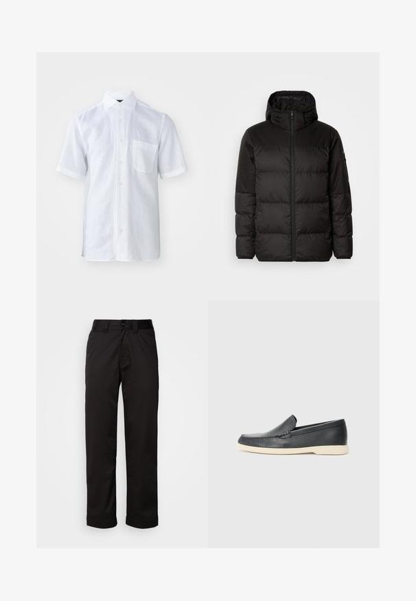 A fekete steppelt dzseki cipzáros záródással, kapucnival, steppelt részekkel és rugalmas mandzsettákkal rendelkezik, sima, vízálló anyagból készült.; Fehér, rövid ujjú ing könnyű len anyagból, gombos gallérral, elülső zsebbel és enyhén texturált felszínnel.; Fekete nadrág sima anyagból, cipzáros és gombos záródással, valamint feltekert szegésekkel a laza dizájn érdekében.; Fekete bőr, slip-on stílusú loaferek, texturált felülettel és kontrasztos bézs gumitalppal. A frontrészén finom díszítéssel rendelkezik.