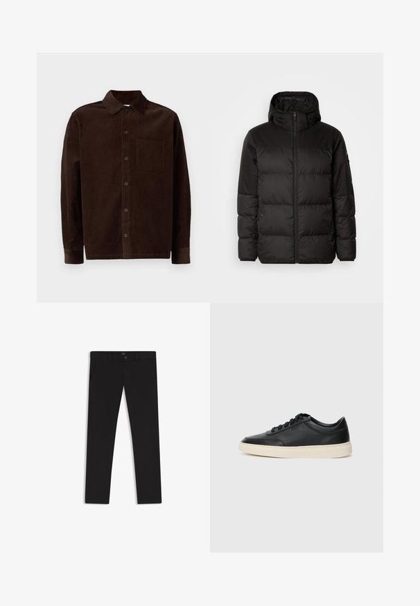 Musta puhvijakku sisältää vetoketjun, hupun, tilkuista koostuvia osioita ja joustavat hihansuut. Se on valmistettu sileästä, vedenpitävästä materiaalista.; Samsøe Samsøe SADAMON SHIRT - Vapaa-ajan kauluspaita - turkish coffee; Mustat housut, jotka on valmistettu sileätekstiilisestä kankaasta. Varustettu nappikiinnityksellä, vyölenkeillä ja sivutaskuilla. Standardi suora lahjemalli.; Musta matalavartinen nahkastretchu, jossa on mustat nauhat ja vaaleanharmaa pohja, esitetty sivuprofiilissa valkoista taustaa vasten.