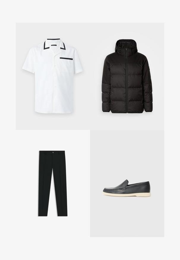 Zwarte pufferjas met ritsluiting, een capuchon, gequiltte secties en elastische manchetten, gemaakt van een glad, waterafstotend materiaal.; Korte mouw witte shirt van stof, met zwarte kraag en borstzakrand, met een knoopsluiting aan de voorkant en een schoon, minimalistisch ontwerp.; Zwarte dresspants met een recht pasvorm, gemaakt van een gladde stof. Heeft een sluiting met een knoop aan de voorkant en ceintuurlussen. Effen zonder patronen.; Zwarte leren instappers met een gestructureerde afwerking en een contrasterende beige rubberen zool. Beschikt over een subtiele accent langs de voorkant.