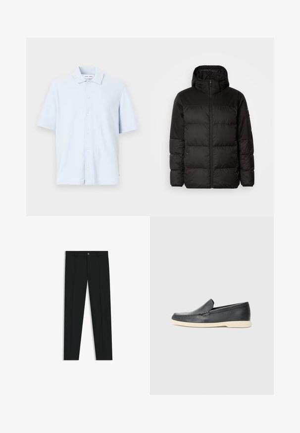 La chaqueta acolchada negra tiene un cierre de cremallera, capucha, secciones acolchadas y puños elásticos, hecha de un material suave y resistente al agua.; Camisa de manga corta azul claro, hecha de una tela suave, con un cierre de botones en la parte delantera y un diseño de cuello clásico.; Pantalones de vestir negros con un diseño de pierna recta, hechos de una tela suave. Cuentan con un cierre frontal de botón y lazos para cinturón. Liso, sin patrones.; Mocasines de piel negra sin cordones con un acabado texturizado y una suela de goma beige en contraste. Presentan un sutil acento en la parte frontal.