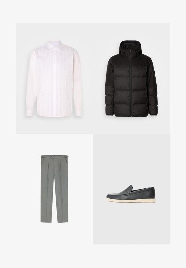 Czarna kurtka puchowa z zapięciem na zamek, kapturem, pikowanymi sekcjami i elastycznymi mankietami, wykonana z gładkiego, wodoodpornego materiału.; Biała koszula z długim rękawem i klasycznym kołnierzykiem, z pionowymi zdobieniami oraz zapięciem na guziki z przodu.; Jasnoszare dopasowane spodnie z teksturowanym wykończeniem, z plisami, szlufkami na pasek i zapięciem na guzik w talii.; Czarne skórzane slip-ony w stylu loafers z teksturowanym wykończeniem i kontrastującą beżową gumową podeszwą. Posiadają delikatny akcent wzdłuż przodu.