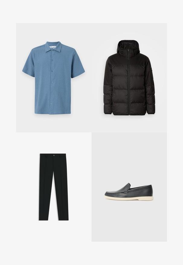 Svart puffjacka med blixtlås, huva, quiltade sektioner och elastiska mudd, tillverkad av ett slätt, vattentåligt material.; Kortärmad skjorta med knappar i ljusblått, texturerat tyg, med rutmönster och klassisk krage. Sex knappstängningar framtill.; Svarta dressbyxor med rak bendesign, gjorda av ett mjukt tyg. Har stängning med frontknapp och bälteshällor. Enfärgade utan mönster.; Svarta läder slip-on loafers med en texturerad yta och en kontrasterande beige gummisula. Har en subtil accent längs fram.