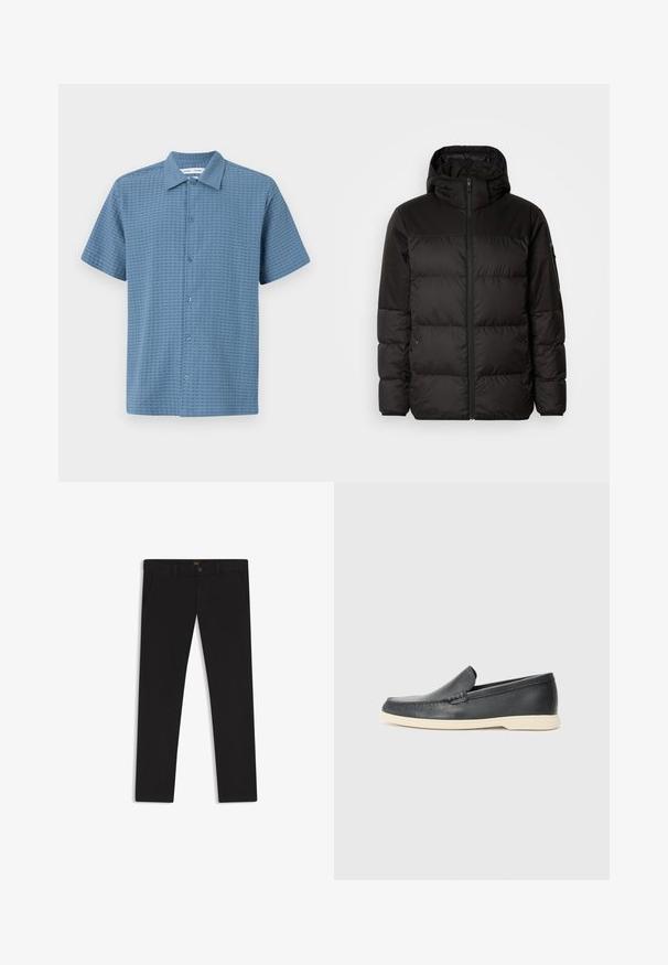 La chaqueta acolchada negra tiene un cierre de cremallera, capucha, secciones acolchadas y puños elásticos, hecha de un material suave y resistente al agua.; Camisa de botones de manga corta en azul claro, de tejido texturizado, con un patrón de cuadrícula y un cuello clásico. Seis cierres de botones en la parte delantera.; Pantalones negros de tela con una textura suave. Cuentan con cierre de botón, trabillas para cinturón y bolsillos laterales. Diseño de pierna recta estándar.; Mocasines de piel negra sin cordones con un acabado texturizado y una suela de goma beige en contraste. Presentan un sutil acento en la parte frontal.