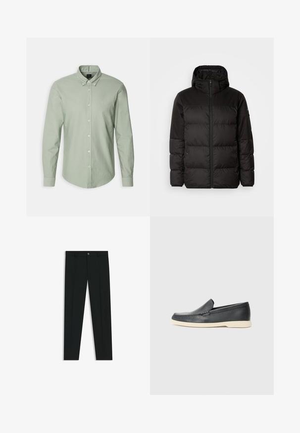 Il giubbotto puffo nero presenta una chiusura con zip, un cappuccio, sezioni trapuntate e polsini elastici, realizzato in un materiale liscio e resistente all'acqua.; BOSS ROAN - Camicia - light/pastel green; Pantaloni neri in tessuto lisci, con design a gamba dritta. Presentano una chiusura frontale con bottone e passanti per cintura. Senza fantasie.; Mocassini neri in pelle con finitura testurizzata e suola in gomma beige a contrasto. Presentano un accento sottile lungo la parte anteriore.