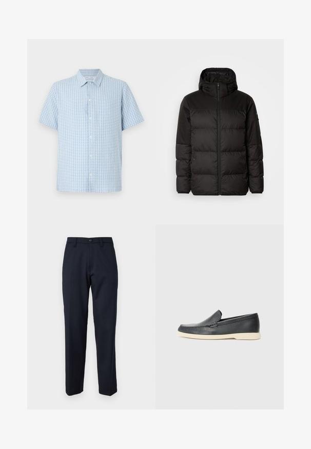 La chaqueta acolchada negra tiene un cierre de cremallera, capucha, secciones acolchadas y puños elásticos, hecha de un material suave y resistente al agua.; Camisa de manga corta abotonada en patrón a cuadros azul claro y blanco, hecha de tela ligera con cuello puntiagudo y tapeta frontal.; Pantalones azul marino de tejido suave, con botón delantero, diseño de pierna recta y bolsillos laterales. Sin patrones ni adornos visibles.; Mocasines de piel negra sin cordones con un acabado texturizado y una suela de goma beige en contraste. Presentan un sutil acento en la parte frontal.