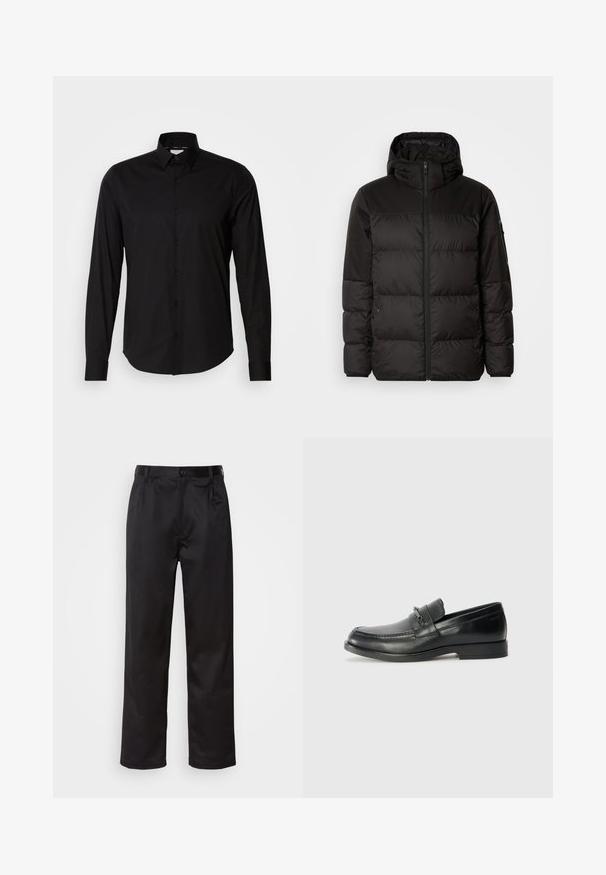 Čierna prešívaná bunda má zips, kapucňu, prešívané sekcie a elastické manžety, vyrobená z hladkého, vodeodolného materiálu.; Čierna dlhá rukávová košeľa vyrobená z hladkej tkaniny. Disponuje klasickým golierom, zapínaním na gombíky a rovnou spodnou časťou. Žiadne vzory ani akcenty nie sú prítomné.; Čierne nohavice vyrobené z hladkej látky, s predným zapínaním na gombík, s plisovaním a rovnými nohavicami. Žiadne viditeľné vzory ani akcenty.; Čierne kožené loafers s okrúhlou špičkou, majú vyšívaný dizajn, malý predný pultík so zamestnaneckou dekoráciou a plochú gumovú podrážku.