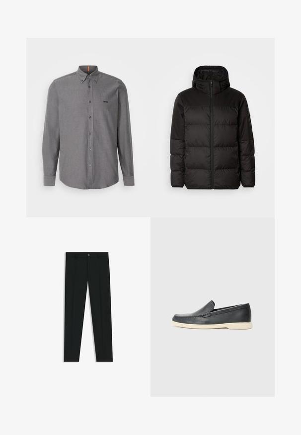 La doudoune noire est dotée d'une fermeture éclair, d'une capuche, de sections matelassées et de poignets élastiques, fabriquée à partir d'un matériau lisse et résistant à l'eau.; Chemise grise à manches longues, en mélange de coton, avec un col pointu, une poche avant et un logo sur la poitrine. Présente un ourlet arrondi et des poignets à boutons.; Pantalons noirs avec une coupe droite, fabriqués en tissu lisse. Présente une fermeture éclair à l'avant et des passants de ceinture. Unis sans motifs.; Mocassins noirs en cuir à enfiler avec une finition texturée et une semelle en caoutchouc beige contrastante. Présente un accent subtil sur le devant.