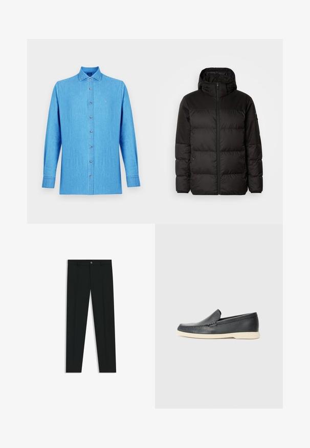 Musta puhvijakku sisältää vetoketjun, hupun, tilkuista koostuvia osioita ja joustavat hihansuut. Se on valmistettu sileästä, vedenpitävästä materiaalista.; Vaaleansininen nappikiinnitteinen paita, valmistettu farkkukankaasta. Siinä on klassinen kaulus, pitkät hihat ja pieni kirjailtu logo rinnassa.; Musta housut, joissa on suora lahje, valmistettu sileästä kankaasta. Edessä nappisulku ja vyölenkit. Yksinkertainen ilman kuvioita.; Mustat nahkakengät ilman nauhoja, joissa on teksturoitu pinta ja kontrastoiva beige kumipohja. Kengissä on hillitty yksityiskohta etuosassa.