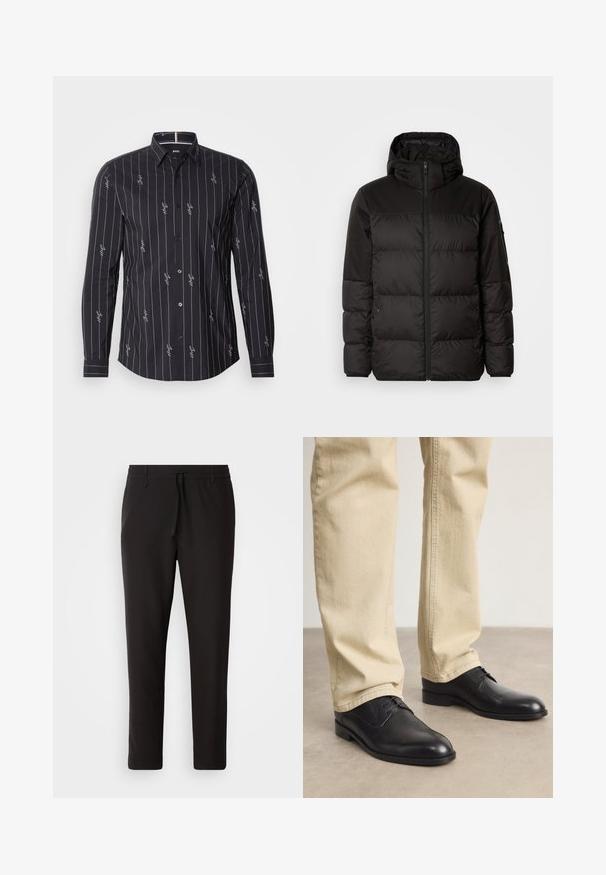 A fekete steppelt dzseki cipzáros záródással, kapucnival, steppelt részekkel és rugalmas mandzsettákkal rendelkezik, sima, vízálló anyagból készült.; Fekete, hosszú ujjú póló fehér függőleges csíkokkal és egy kis logó mintával. Gombos gallérral és sima mandzsettával rendelkezik.; Fekete jogger nadrág sima anyagból. Rugalmas derekú, húzózsinórral, tapered lábakkal és látható zsebek nélkül készül. Egyszerű dizájn.; Fekete bőrfűzős cipő kerek orral, sima felülettel és finom varrási részletekkel, világos bézs nadrággal viselve.