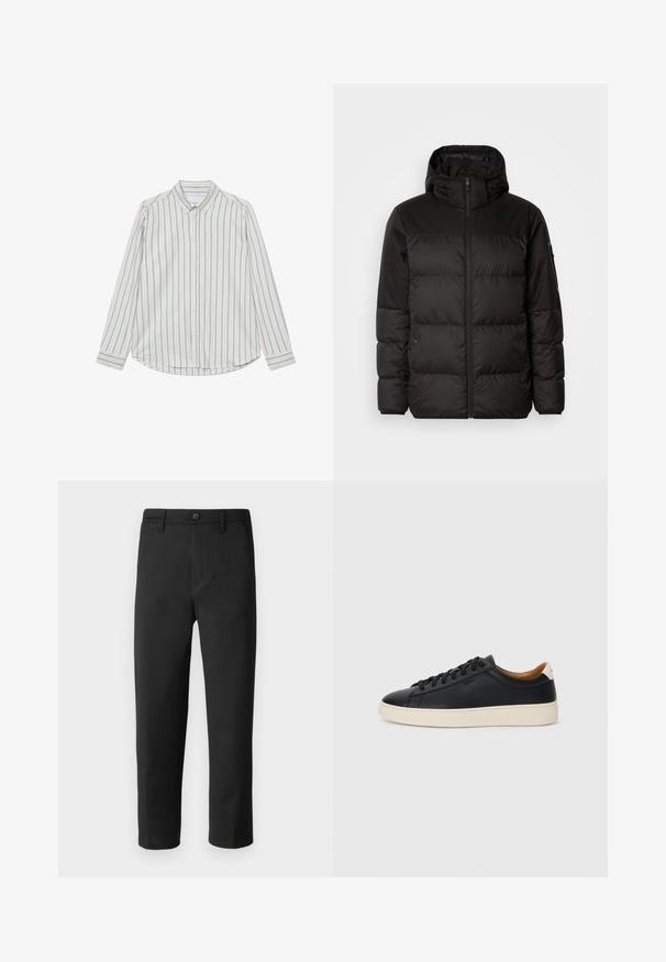 Musta puhvijakku sisältää vetoketjun, hupun, tilkuista koostuvia osioita ja joustavat hihansuut. Se on valmistettu sileästä, vedenpitävästä materiaalista.; Puuvillane nööpidega särk pikkae varrukatega, millel on vertikaalsed sinised ja kreemjad triibud, terav krae ja ümar hem. Sisaldab esimesi nuppe.; Mustat suorat housut, valmistettu sileästä kankaasta. Varustettu nappisulkimella ja vyölenkeillä. Ei näkyviä kuvioita tai yksityiskohtia.; Mustat nahkasneakerit, joissa on sileä pinta, beige kumipohja, nauhakiinnitys ja erottuva kanta-aksentti.