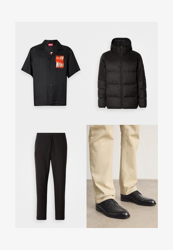 Schwarze Pufferjacke mit Reißverschluss, Kapuze, gesteppten Abschnitten und elastischen Bündchen, hergestellt aus einem glatten, wasserabweisenden Material.; Schwarzes Kurzarmhemd aus glattem Stoff mit einem roten und orangefarbenen "SLOW BURN"-Grafik auf der linken Seite und einem klassischen Kragenstil.; Schwarze Jogginghose aus glattem Stoff. Mit einem elastischen Bund und Kordelzug, schmal zulaufenden Beinen und ohne sichtbare Taschen. Einfaches Design.; Schwarze Leder Schnürschuhe mit runder Zehenform, glatter Oberfläche und dezenten Nähdetails, getragen mit hellbeigen Hosen.