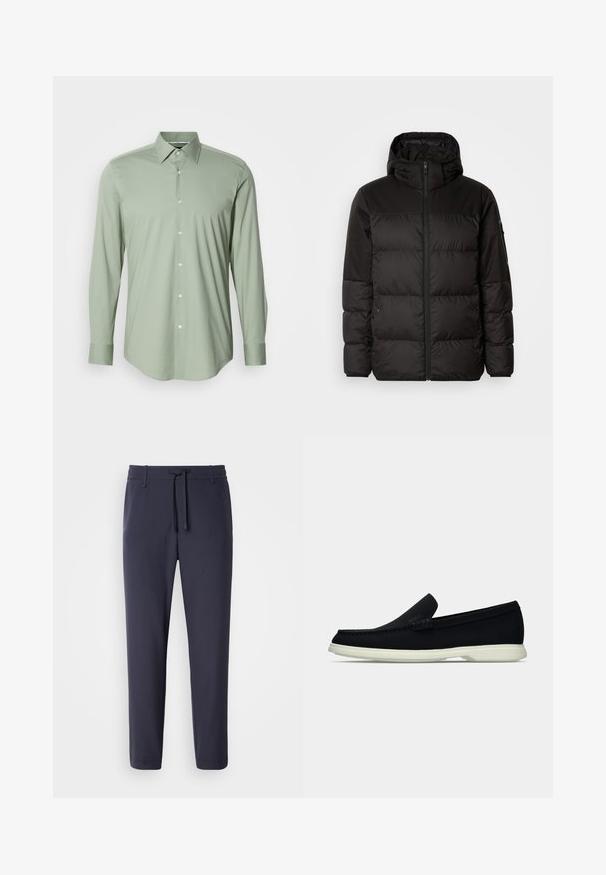 A jaqueta puffer preta apresenta um fecho zip, um capuz, secções acolchoadas e punhos elásticos, confeccionada em um material liso e resistente à água.; Camisa de homem de manga longa verde claro com colarinho pontudo e botões brancos na frente, apresentada em um fundo simples.; Calças de jogging navais com cintura elástica e cordão. Feitas de um material suave, com pernas afuniladas e sem bolsos visíveis.; Shoe slip-on preto com bico arredondado, apresentando um cabedal texturizado, sola branca lisa e um detalhe de marca discreto na lateral.