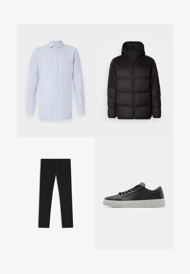 Svart puffjacka med blixtlås, huva, quiltade sektioner och elastiska mudd, tillverkad av ett slätt, vattentåligt material.; Ljusblå randig långärmad skjorta med knappar, tillverkad av vävt tyg, med krage och en liten logotyp på bröstet.; Svarta byxor gjorda av tyg med en slät textur. Har en knäppning med knapp, bälteshällor och sidofickor. Standard rakt ben-design.; Svart lädersneaker med en slät yta, rund tå och svarta skosnören. Har en tjock, vit gummisula med subtila geometriska accenter.