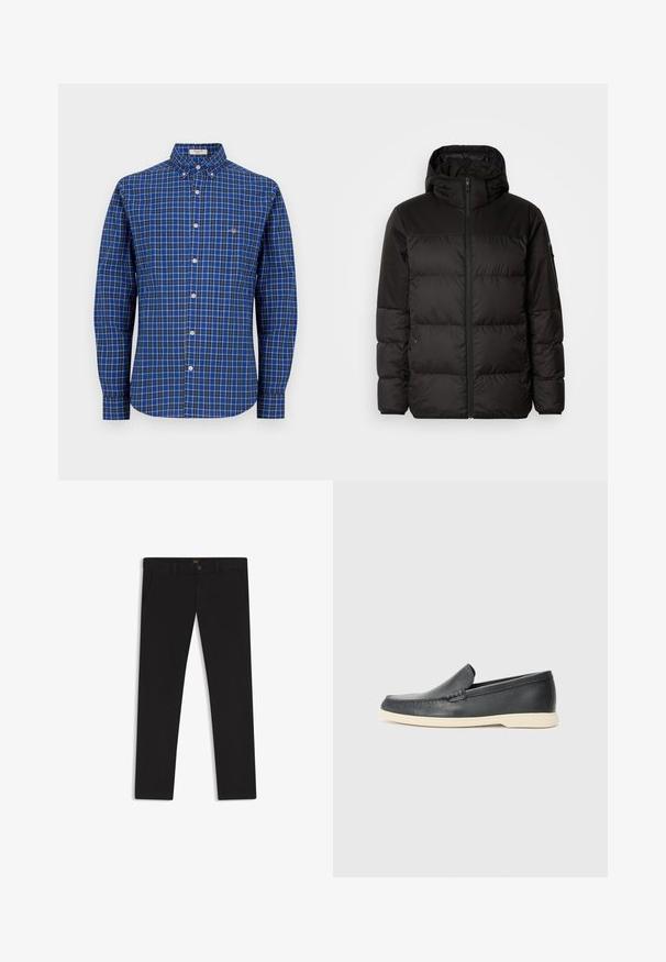 Svart puffjacka med blixtlås, huva, quiltade sektioner och elastiska mudd, tillverkad av ett slätt, vattentåligt material.; Långärmad blå rutig skjorta med knäppning på kragen, vita knappar och liten logotyp på vänster bröst. Tillverkad av bomull, avslappnad passform.; Svarta byxor gjorda av tyg med en slät textur. Har en knäppning med knapp, bälteshällor och sidofickor. Standard rakt ben-design.; Svarta läder slip-on loafers med en texturerad yta och en kontrasterande beige gummisula. Har en subtil accent längs fram.