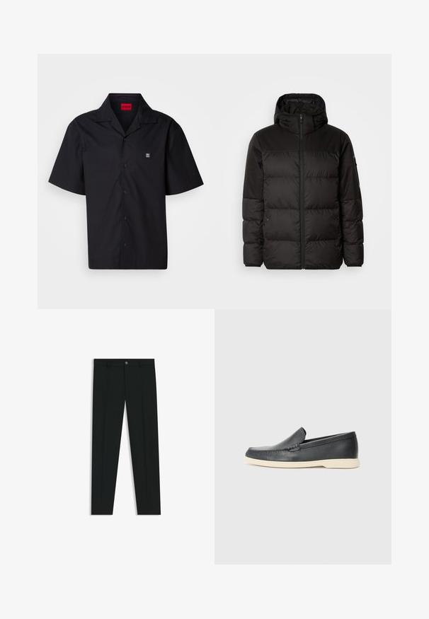 Il giubbotto puffo nero presenta una chiusura con zip, un cappuccio, sezioni trapuntate e polsini elastici, realizzato in un materiale liscio e resistente all'acqua.; Camicetta nera a maniche corte in cotone. Presenta un colletto appuntito, chiusura con bottoni frontale e un piccolo logo sul lato sinistro del petto. Texture liscia.; Pantaloni neri in tessuto lisci, con design a gamba dritta. Presentano una chiusura frontale con bottone e passanti per cintura. Senza fantasie.; Mocassini neri in pelle con finitura testurizzata e suola in gomma beige a contrasto. Presentano un accento sottile lungo la parte anteriore.