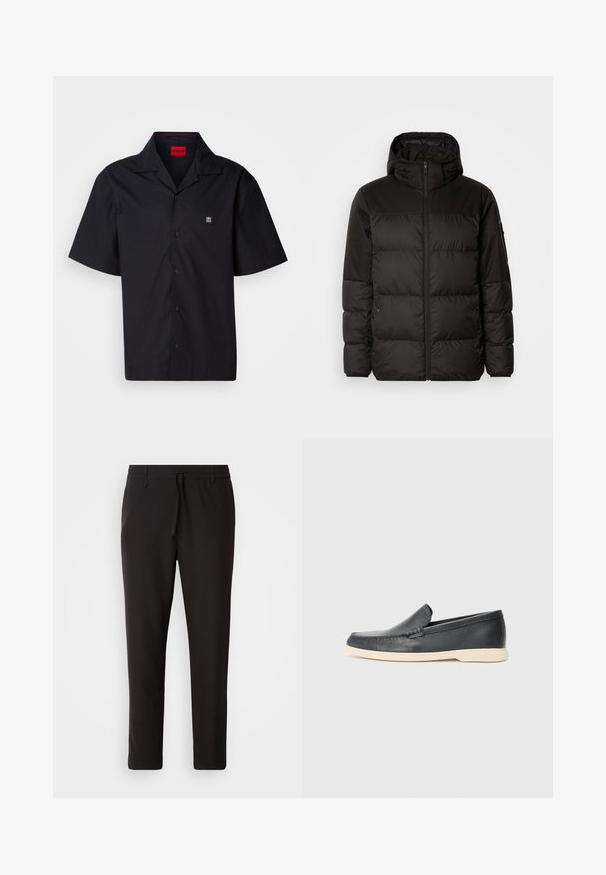 La chaqueta acolchada negra tiene un cierre de cremallera, capucha, secciones acolchadas y puños elásticos, hecha de un material suave y resistente al agua.; Camisa negra de manga corta hecha de algodón. Cuenta con un collar puntiagudo, cierre frontal de botones y un pequeño logo en el lado izquierdo del pecho. Textura suave.; Pantalones de chándal negros de tejido suave. Cuentan con una cintura elástica con cordón, piernas ajustadas y sin bolsillos visibles. Diseño sencillo.; Mocasines de piel negra sin cordones con un acabado texturizado y una suela de goma beige en contraste. Presentan un sutil acento en la parte frontal.