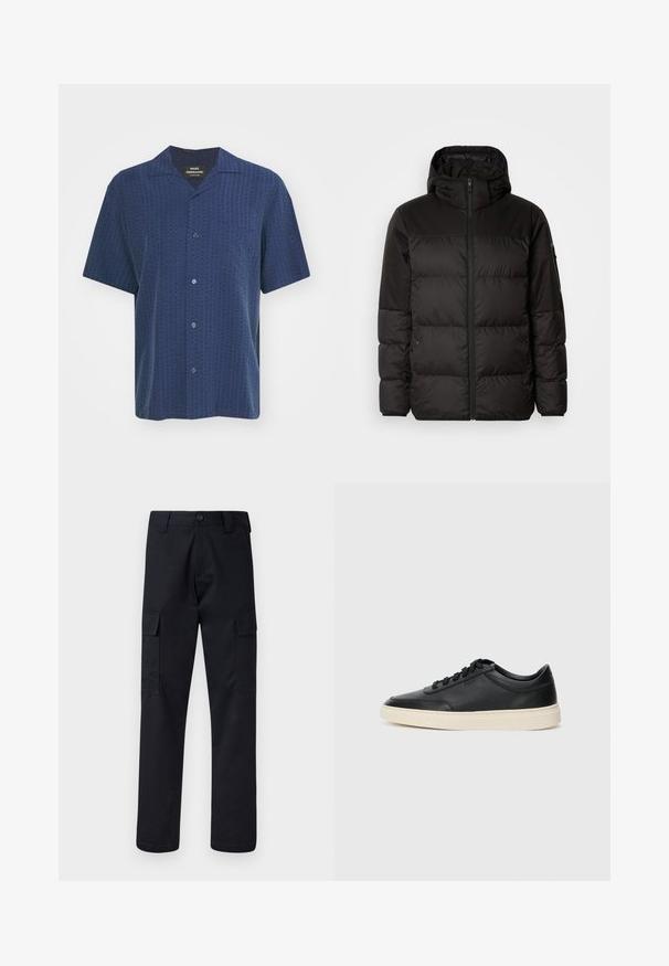 Black puffer jacket features a zip closure, a hood, quilted sections, and elastic cuffs, made from a smooth, water-resistant material.; Short-sleeve shirt in dark navy blue with textured pattern, button front, and camp collar. Features one chest pocket and smooth fabric.; Black cargo pants made of sturdy fabric, featuring a straight-leg cut, two side pockets, and a button closure at the waistband.; Black low-top leather sneaker with black laces and off-white sole shown in side profile on white background.