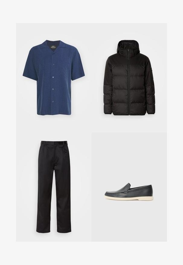 Geacă puffer neagră cu închidere cu fermoar, glugă, secțiuni quilted și manșete elastice, realizată dintr-un material neted, rezistent la apă.; Cămașă cu mânecă scurtă de culoare albastru închis, cu un model texturat, cu nasturi în față și guler de tip camp. Dispune de un buzunar pe piept și țesătură netedă.; Pantaloni negri dintr-un material neted, cu închidere prin nasture frontal, pliseuri și picioare drepte. Fără modele sau accente vizibile.; Pantofi loafers din piele neagră, cu un finisaj texturat și o talpă din cauciuc bej contrastantă. Au un accent subtil pe partea din față.