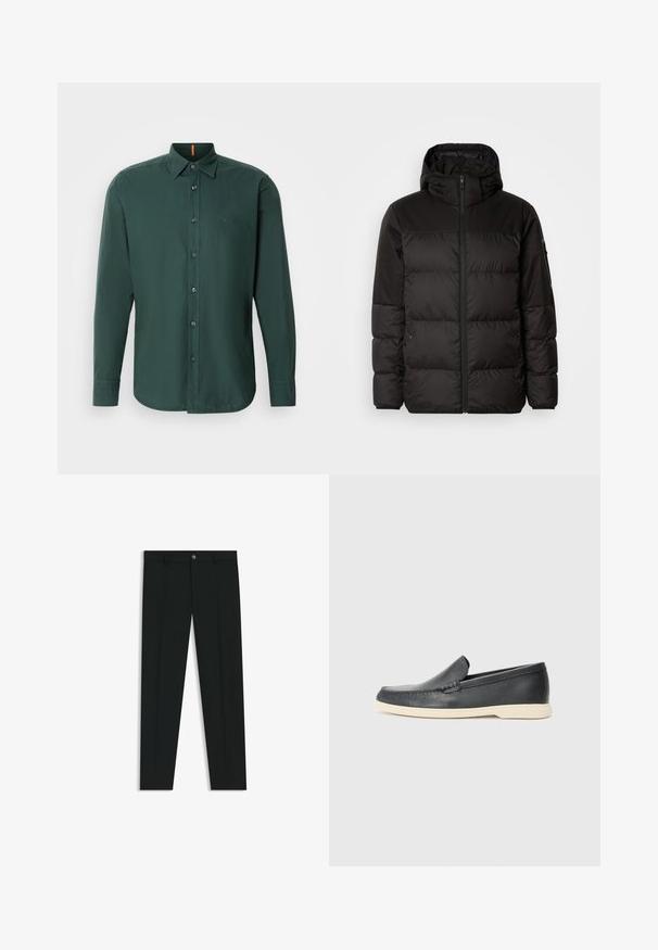 La chaqueta acolchada negra tiene un cierre de cremallera, capucha, secciones acolchadas y puños elásticos, hecha de un material suave y resistente al agua.; Camisa de manga larga verde oscuro hecha de algodón, con un cuello abotonado, botones en la parte frontal y un sutil logo de la marca en el pecho.; Pantalones de vestir negros con un diseño de pierna recta, hechos de una tela suave. Cuentan con un cierre frontal de botón y lazos para cinturón. Liso, sin patrones.; Mocasines de piel negra sin cordones con un acabado texturizado y una suela de goma beige en contraste. Presentan un sutil acento en la parte frontal.