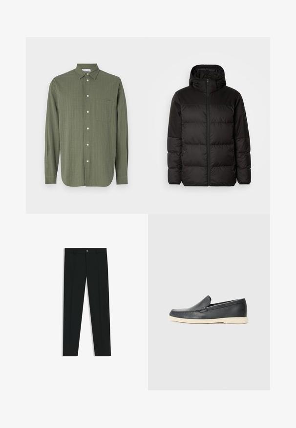 La doudoune noire est dotée d'une fermeture éclair, d'une capuche, de sections matelassées et de poignets élastiques, fabriquée à partir d'un matériau lisse et résistant à l'eau.; Chemise à manches longues en vert olive, en tissu texturé, avec un front à boutons, une poche poitrine unique et un col classique.; Pantalons noirs avec une coupe droite, fabriqués en tissu lisse. Présente une fermeture éclair à l'avant et des passants de ceinture. Unis sans motifs.; Mocassins noirs en cuir à enfiler avec une finition texturée et une semelle en caoutchouc beige contrastante. Présente un accent subtil sur le devant.