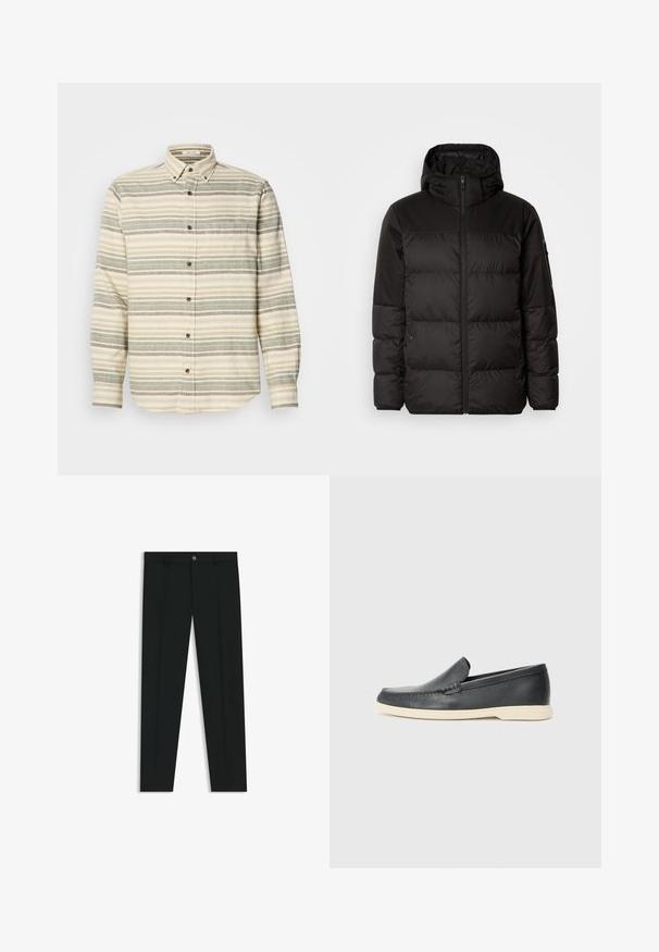 Svart puffjacka med blixtlås, huva, quiltade sektioner och elastiska mudd, tillverkad av ett slätt, vattentåligt material.; Långärmad skjorta med knappar, beige med gröna och grå ränder. Har en bröstficka och bruna knappar. Tillverkad av texturerat tyg.; Svarta dressbyxor med rak bendesign, gjorda av ett mjukt tyg. Har stängning med frontknapp och bälteshällor. Enfärgade utan mönster.; Svarta läder slip-on loafers med en texturerad yta och en kontrasterande beige gummisula. Har en subtil accent längs fram.