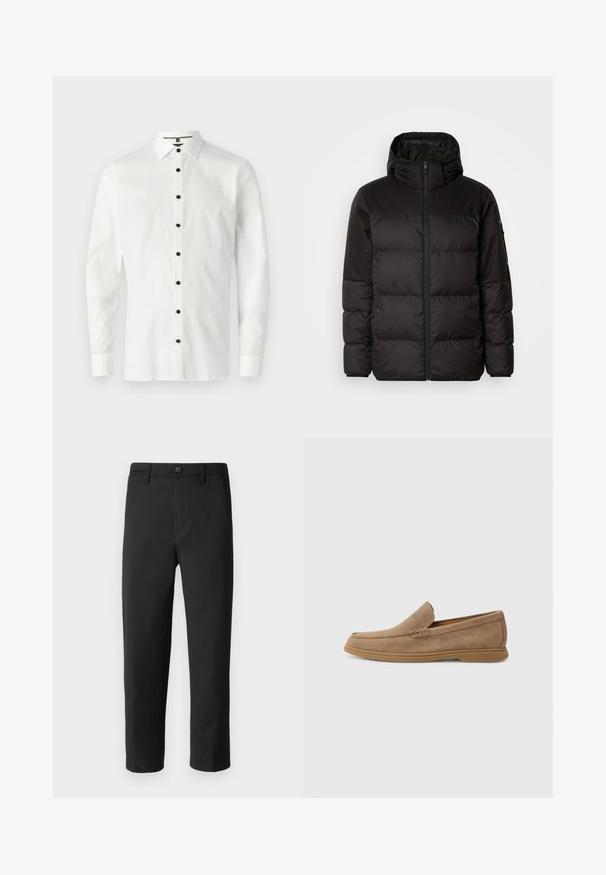 Mustikas puffer-jakk sisaldab tõmblukku, kapuutsi, tikandiga osi ja elastseid mansette, valmistatud siledast veekindlast materjalist.; Valge pikkade varrukatega särk, mis on valmistatud siledast kangast ja millel on nööbiga krae ning kuus musta nööpi ees.; Mustad sirgedega mustad püksid, valmistatud siledast kangast. Omavad nuppe sulgemiseks ja vööümberringi sildu. Pole märgatavaid mustreid ega aktsente.; Pruunid nahast slip-on loafers, millel on sile tekstuur ja õmblustehnikaga viimistlus; omaduseks on kummitald, mis tagab hea haarduvuse.