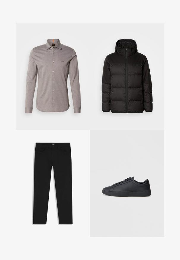 Zwarte pufferjas met ritsluiting, een capuchon, gequiltte secties en elastische manchetten, gemaakt van een glad, waterafstotend materiaal.; Lichtgrijs langemouwen shirt met een button-down kraag, klein logo op de linkerborst en witte knopen. Gemaakt van soepele stof met een subtiele textuur.; Zwarte denim broek met een rechte snit, voorzien van een standaard tailleband, vijf zakken en een knoopsluiting. Gladde textuur overal.; Zwarte sneakers van glad leer met een lage schacht, ronde neus en platte rubberen zool. Voorzien van veters en subtiele branding.