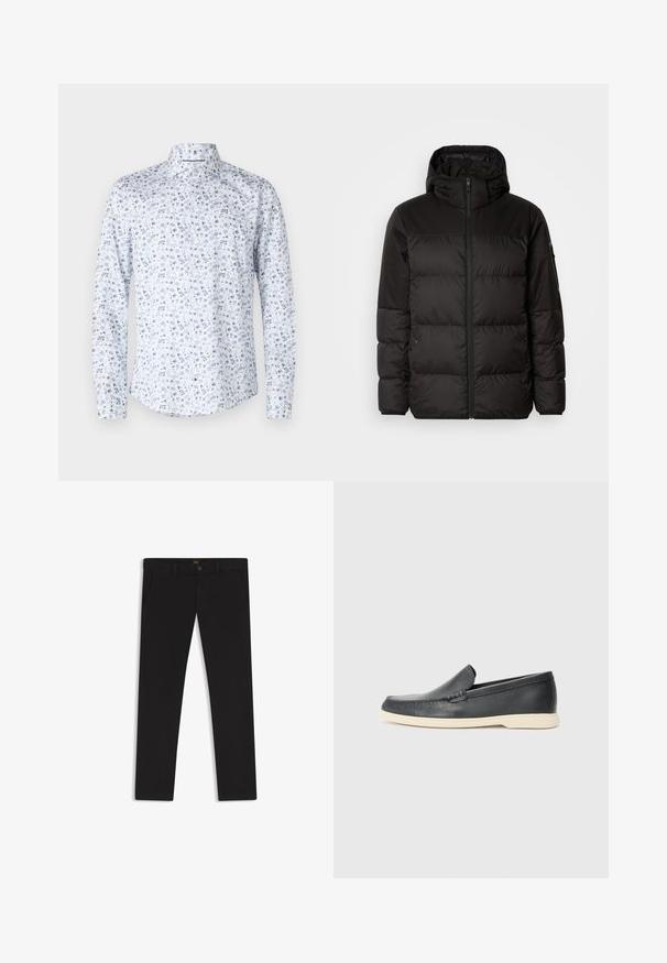 Black puffer jacket features a zip closure, a hood, quilted sections, and elastic cuffs, made from a smooth, water-resistant material.; Long-sleeve shirt in light blue fabric featuring a floral pattern in darker blue shades, classic collar, and button-down front.; Black trousers made of fabric with a smooth texture. Features a button closure, belt loops, and side pockets. Standard straight-leg design.; Black leather slip-on loafers with a textured finish and a contrasting beige rubber sole. Features a subtle accent along the front.