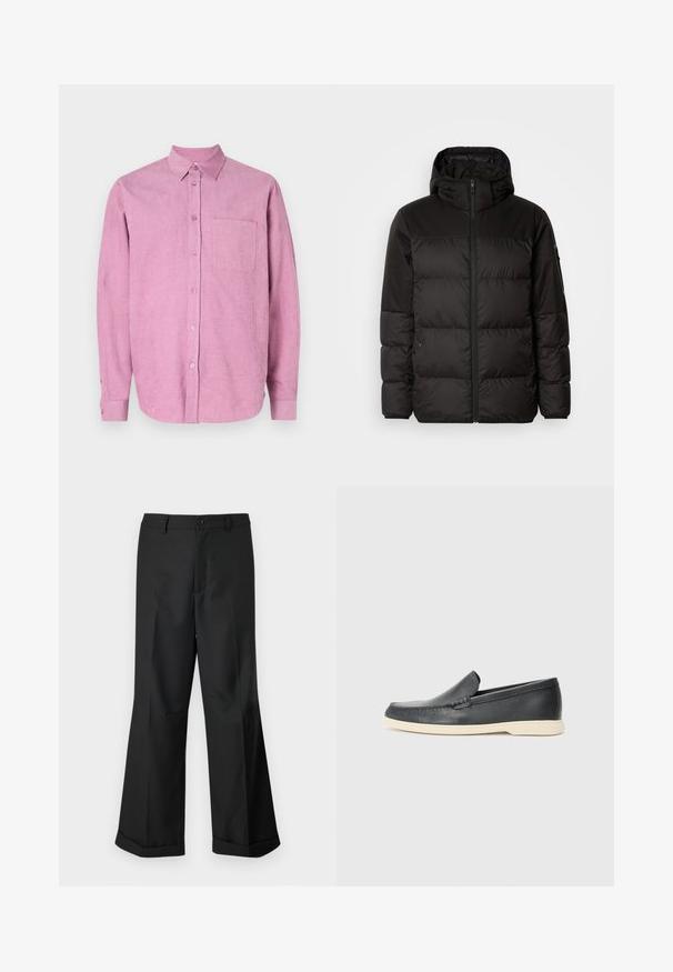 Geacă puffer neagră cu închidere cu fermoar, glugă, secțiuni quilted și manșete elastice, realizată dintr-un material neted, rezistent la apă.; Cămașă din corduroy roz, cu guler cu nasturi, mâneci lungi și un singur buzunar pe piept. Prezintă nervuri verticale și închidere cu nasturi pe față.; Pantaloni negri cu picioare largi, cu talie cu nasturi și margini răsucite, expuși pe un fundal alb simplu.; Pantofi loafers din piele neagră, cu un finisaj texturat și o talpă din cauciuc bej contrastantă. Au un accent subtil pe partea din față.