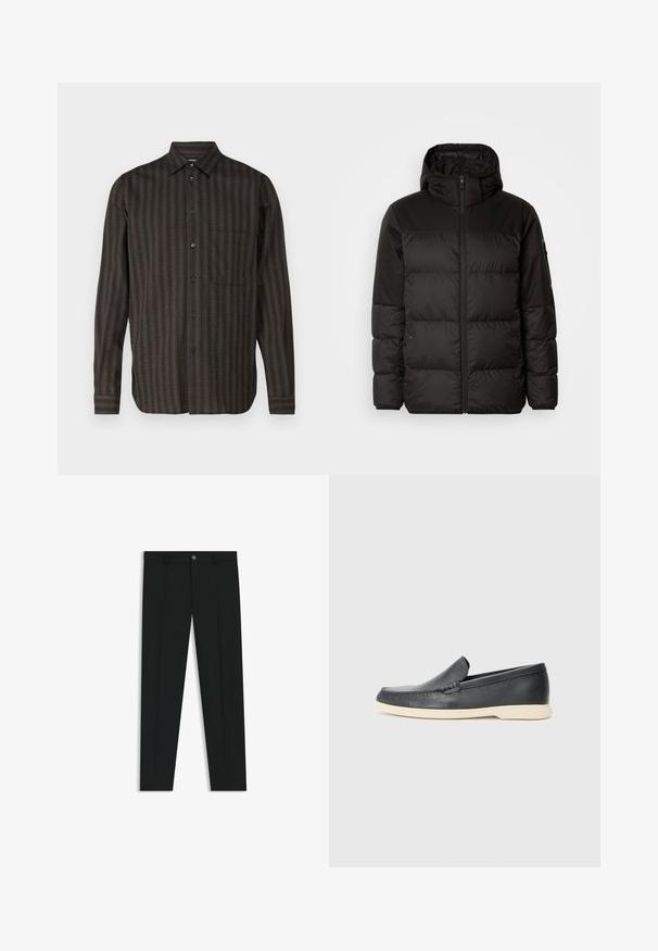 Schwarze Pufferjacke mit Reißverschluss, Kapuze, gesteppten Abschnitten und elastischen Bündchen, hergestellt aus einem glatten, wasserabweisenden Material.; Langarmshirt im dunkelgrünen Karomuster, mit durchgehender Knopfleiste, einer Brusttasche, aus strukturiertem Stoff mit dezenten Streifen.; Schwarze Anzughosen mit geradem Bein, aus glattem Stoff. Mit Knopfverschluss vorne und Gürtelschlaufen. Schlicht ohne Muster.; Schwarze Leder-Slipper mit strukturiertem Finish und einer kontrastierenden beige Gummisohle. Mit einem dezenten Akzent an der Vorderseite.