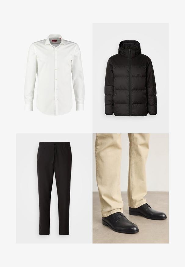 Sort pufferjakke med lynlås, hætte, quiltede sektioner og elastiske manchetter, lavet af et glat, vandafvisende materiale.; Hvid langærmet skjorte med knapper lavet af glat bomuldsstof. Har en klassisk krave, ren frontplacket og knapmanschetter.; Sorte joggebukser lavet af glat stof. Har en elastisk talje med snor, tætsiddende ben og ingen synlige lommer. Enkel design.; Sorte læder snørebåndssko med rund tå, glat finish og diskrete syninger, båret med lyse beige bukser.