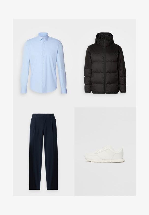 A fekete steppelt dzseki cipzáros záródással, kapucnival, steppelt részekkel és rugalmas mandzsettákkal rendelkezik, sima, vízálló anyagból készült.; Világoskék, gombos pamut ing, klasszikus gallérral, hosszú ujjakkal és egy kis logóval a mellrészen. Simogatós tapintású.; Sötétkék nadrág sima textúrával, széles lábakkal, elülső redőkkel, övlyukkal és cipzáros záródással. Formális és alkalmi viseletre is megfelelő.; Fehér sneaker hálós és szintetikus felsőrésszel, kerek orral, lapos fűzőkkel és textúrázott oldalsávval. Gumi talp hátul húzófüllel.