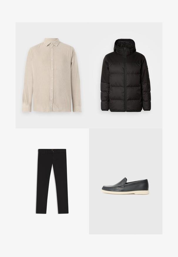 La chaqueta acolchada negra tiene un cierre de cremallera, capucha, secciones acolchadas y puños elásticos, hecha de un material suave y resistente al agua.; Camisa de pana beige clara con botones en la parte delantera, mangas largas y cuello. Textura acanalada vertical en toda su extensión. Diseño ajustado.; Pantalones negros de tela con una textura suave. Cuentan con cierre de botón, trabillas para cinturón y bolsillos laterales. Diseño de pierna recta estándar.; Mocasines de piel negra sin cordones con un acabado texturizado y una suela de goma beige en contraste. Presentan un sutil acento en la parte frontal.