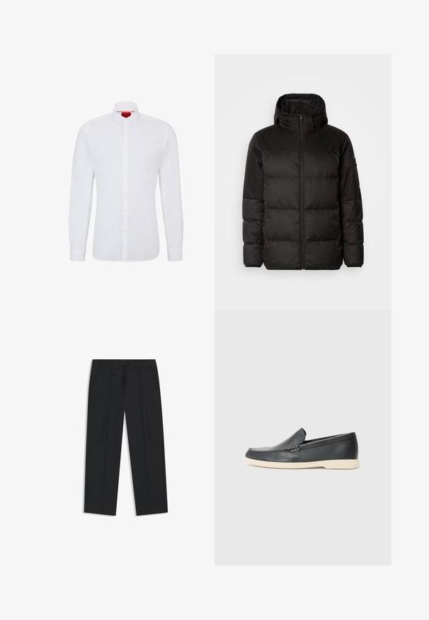 Black puffer jacket features a zip closure, a hood, quilted sections, and elastic cuffs, made from a smooth, water-resistant material.; White long-sleeve shirt made of cotton with a button-up front, classic collar, and subtle texture, featuring a red logo on the inside collar.; Black cargo pants made of nylon. Features an elastic waistband with a drawstring, side pockets, and flat front design.; Black leather slip-on loafers with a textured finish and a contrasting beige rubber sole. Features a subtle accent along the front.