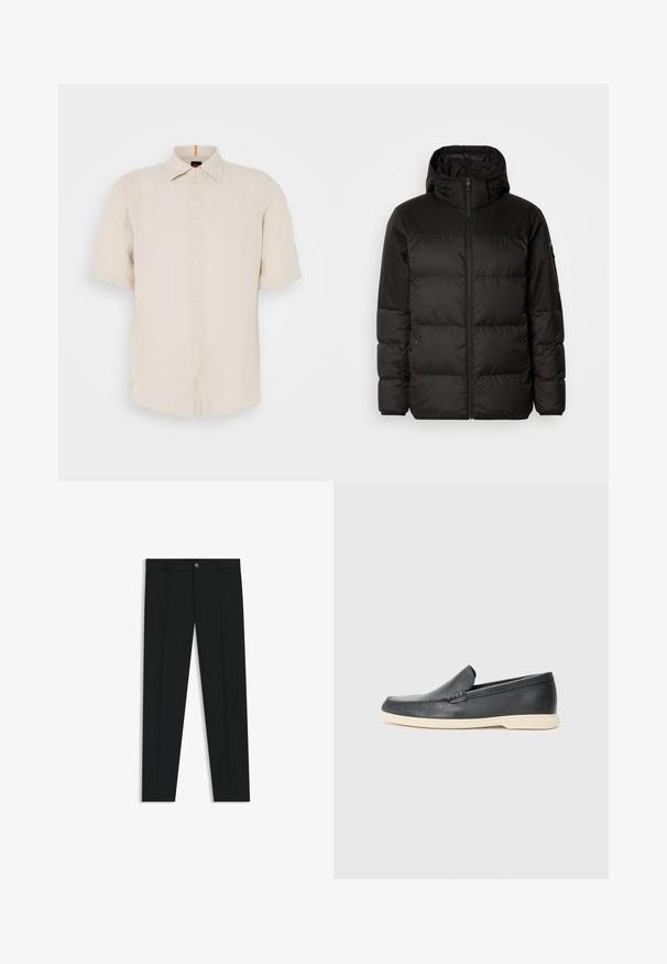 Svart puffjacka med blixtlås, huva, quiltade sektioner och elastiska mudd, tillverkad av ett slätt, vattentåligt material.; Kortärmad skjorta i ljusbeige linne med button-down krage, framslående knappar och rak nederkant. Har en subtil textur.; Svarta dressbyxor med rak bendesign, gjorda av ett mjukt tyg. Har stängning med frontknapp och bälteshällor. Enfärgade utan mönster.; Svarta läder slip-on loafers med en texturerad yta och en kontrasterande beige gummisula. Har en subtil accent längs fram.