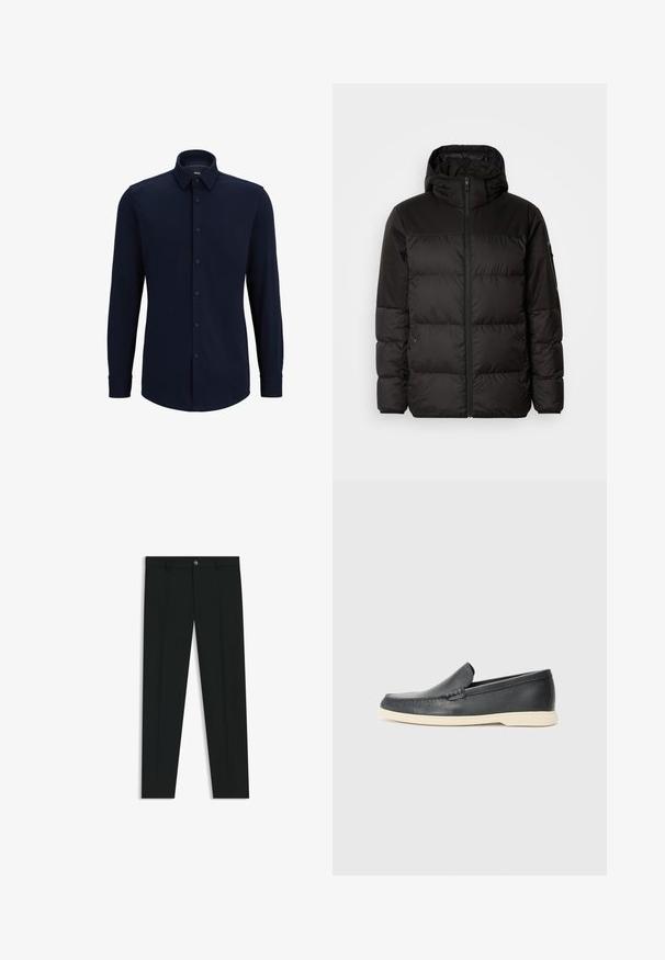 Zwarte pufferjas met ritsluiting, een capuchon, gequiltte secties en elastische manchetten, gemaakt van een glad, waterafstotend materiaal.; Marineblauwe langemouwen overhemd met knopen, gemaakt van geweven stof, met een klassieke kraag, rechte snit en een voorste knoopsluiting.; Zwarte dresspants met een recht pasvorm, gemaakt van een gladde stof. Heeft een sluiting met een knoop aan de voorkant en ceintuurlussen. Effen zonder patronen.; Zwarte leren instappers met een gestructureerde afwerking en een contrasterende beige rubberen zool. Beschikt over een subtiele accent langs de voorkant.