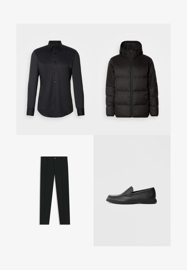 Musta puhvijakku sisältää vetoketjun, hupun, tilkuista koostuvia osioita ja joustavat hihansuut. Se on valmistettu sileästä, vedenpitävästä materiaalista.; Musta nappikauluspaita, joka on valmistettu sileästä kankaasta. Paidassa on klassinen kaulus, pitkät hihat ja nappisulku edessä.; Musta housut, joissa on suora lahje, valmistettu sileästä kankaasta. Edessä nappisulku ja vyölenkit. Yksinkertainen ilman kuvioita.; Musta nahkainen liukuvi loafer, jossa on tekstuuripinta, pyöreä kärki, matala korko ja kumipohja, esitelty sivuprofiilissa valkoisella taustalla.