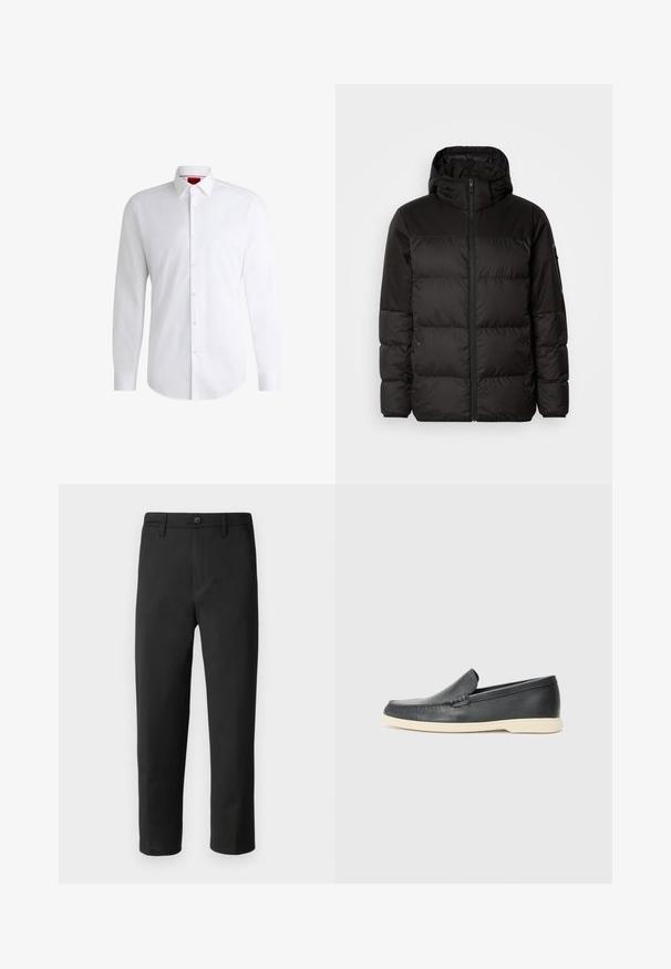 Schwarze Pufferjacke mit Reißverschluss, Kapuze, gesteppten Abschnitten und elastischen Bündchen, hergestellt aus einem glatten, wasserabweisenden Material.; Weißes Herrenhemd aus glattem Stoff mit klassischem Kragen, langen Ärmeln und abgerundetem Saum. Mit eleganten beigen Knöpfen an der Vorderseite.; Schwarze Hose mit geradem Schnitt, aus glattem Stoff gefertigt. Verfügt über einen Knopfverschluss und Gürtelschlaufen. Keine sichtbaren Muster oder Akzente.; Schwarze Leder-Slipper mit strukturiertem Finish und einer kontrastierenden beige Gummisohle. Mit einem dezenten Akzent an der Vorderseite.