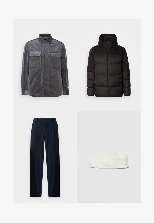 Melna pūkainā jakā iezīmes ir rāvējslēdzēja aizdare, kapuce, kvadrātveida šuves un elastīgas aproces, izgatavota no gludas, ūdensizturīgas vielas.; Melnā un pelēkā svītru krekliņš no kordūrī auduma ar pogām aizdari, divi krūšu kabatas un garām piedurknēm. Tekstūrēts audums ar gludu apdari.; Zilas jūras bikses ar gludu tekstūru, plašu kāju dizainu, priekšējiem krokām, jostu cilpām un rāvējslēdzēju. Piemērotas gan oficiālai, gan ikdienišķai valkāšanai.; Baltie sporta apavi ar mežģīņu un sintētisko augšdaļu, apaļu purngalu, plakanu mežģīņu un teksturētu sānu joslu. Gumijas zole ar cilpu aizmugurē.