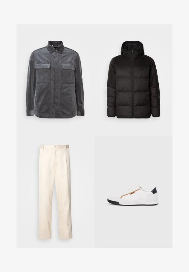 Mustikas puffer-jakk sisaldab tõmblukku, kapuutsi, tikandiga osi ja elastseid mansette, valmistatud siledast veekindlast materjalist.; Mustra mustriline, musta ja halli, kõverdatud kraega särk, kaetud kahe rinna tasku ja pikkade varrukatega. Tekstuuriga kangas sujuva viimistlusega.; Beesidised puuvillased püksid sirge jala lõikega, mis on varustatud nööpkinnituse ja ees olevate voltidega, et lisada detaili.; Valged sportlikud jalatsid, millel on võrkkangas ja nahkdetailid. Omab kuldset "BOSS" logo, tekstureeritud külgpaneele ja musta kontsakaant. Kummist tallad.