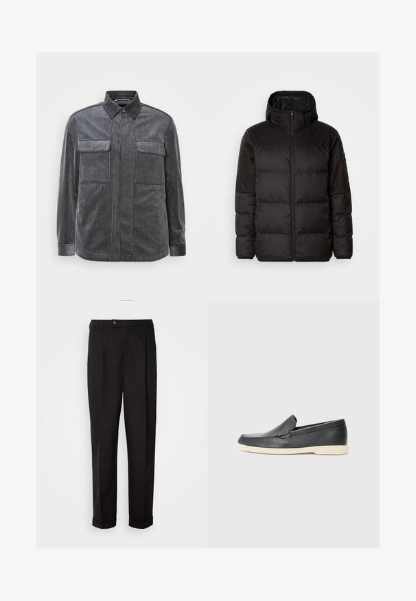 Černá péřová bunda má zipový uzávěr, kapuci, prošívané části a elastické manžety, vyrobená z hladkého, voděodolného materiálu.; Černá a šedě pruhovaná manšestrová košile s límečkem na knoflíky, dvěma náprsními kapsami a dlouhými rukávy. Texturovaná tkanina s hladkým povrchem.; Černé kalhoty s hladkou texturou, rázovaného střihu, dvěma předními kapsami a jedním knoflíkovým zapínáním v pase.; Černé kožené mokasíny na klínku s texturovaným povrchem a kontrastní béžovou gumovou podrážkou. Vyznačují se jemným akcentem podél přední části.
