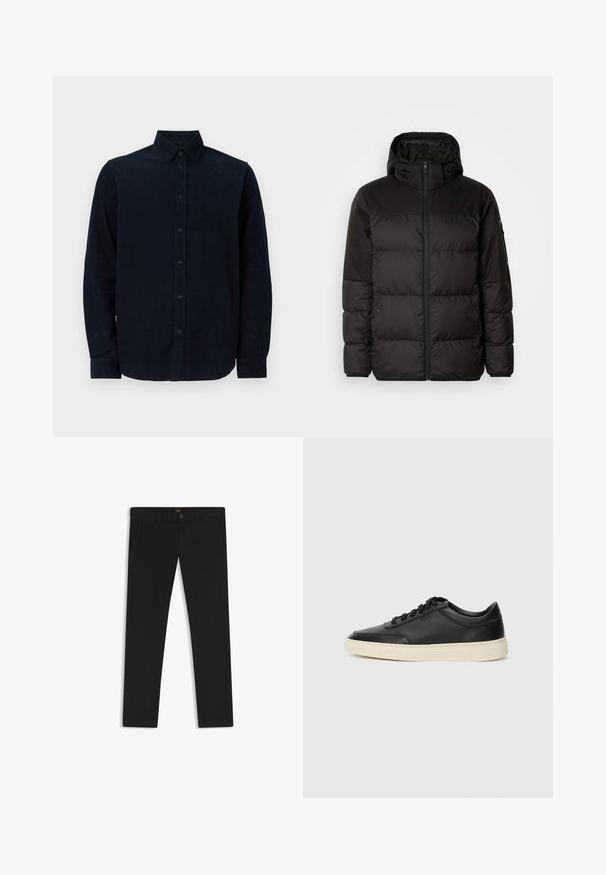 Zwarte pufferjas met ritsluiting, een capuchon, gequiltte secties en elastische manchetten, gemaakt van een glad, waterafstotend materiaal.; Marineblauwe overhemd met lange mouwen van gestructureerde stof, voorzien van een knoopsluiting aan de voorkant, een puntkraag en knoopmanchetten.; Zwarte broek van stof met een gladde textuur. Bevat een knoopsluiting, riemlussen en zijzakken. Standaard straight-leg ontwerp.; Zwarte leren sneaker met lage schacht, zwarte veters en off-white zool, weergegeven in zijprofiel op een witte achtergrond.