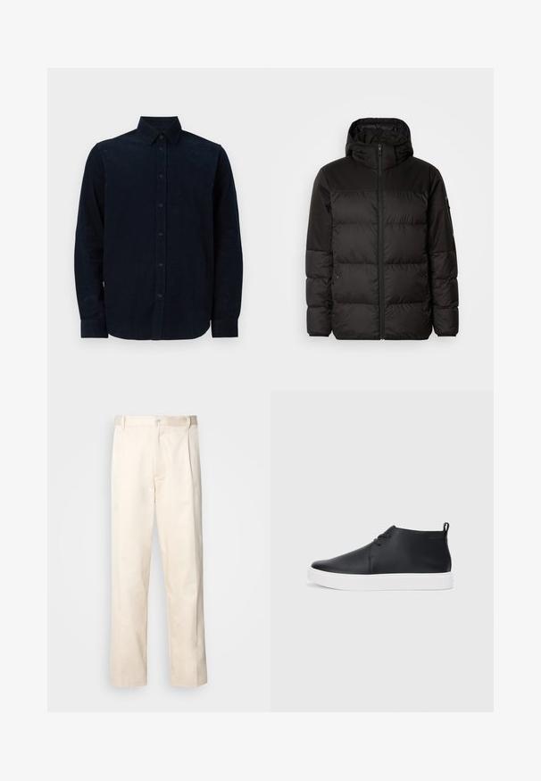 La chaqueta acolchada negra tiene un cierre de cremallera, capucha, secciones acolchadas y puños elásticos, hecha de un material suave y resistente al agua.; Camisa de manga larga azul marino hecha de tejido texturizado, con frente abotonado, cuello puntiagudo y puños abotonados.; Pantalones de algodón beige con corte recto, que cuentan con un cierre de botón y pliegues en la parte frontal para un detalle adicional.; Zapatillas de deporte altas de cuero negro con un acabado suave, suela de goma blanca y un diseño de cordones sencillo. Cuenta con una pestaña en la parte posterior.