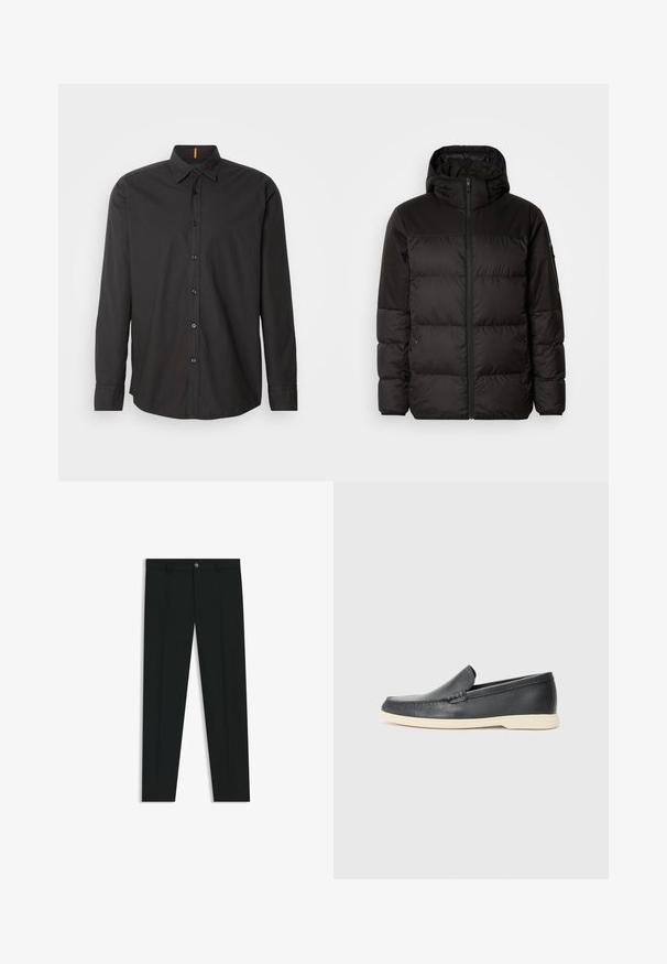 Il giubbotto puffo nero presenta una chiusura con zip, un cappuccio, sezioni trapuntate e polsini elastici, realizzato in un materiale liscio e resistente all'acqua.; Maglietta nera a maniche lunghe realizzata in tessuto leggero. Caratterizzata da un colletto con bottoni, bottoni frontali e logo ricamato sul petto.; Pantaloni neri in tessuto lisci, con design a gamba dritta. Presentano una chiusura frontale con bottone e passanti per cintura. Senza fantasie.; Mocassini neri in pelle con finitura testurizzata e suola in gomma beige a contrasto. Presentano un accento sottile lungo la parte anteriore.