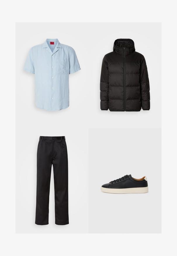 Il giubbotto puffo nero presenta una chiusura con zip, un cappuccio, sezioni trapuntate e polsini elastici, realizzato in un materiale liscio e resistente all'acqua.; Camicetta azzurra a maniche corte realizzata in tessuto testurizzato, con chiusura a bottoni davanti, taschino sul lato sinistro e colletto classico.; Pantaloni neri realizzati in tessuto morbido, con chiusura frontale a bottone, pieghe e gambe dritte. Nessun motivo o accento visibile.; Sneakers in pelle nera con una texture liscia, suola in gomma beige, design con lacci e un accento del tacco in contrasto.