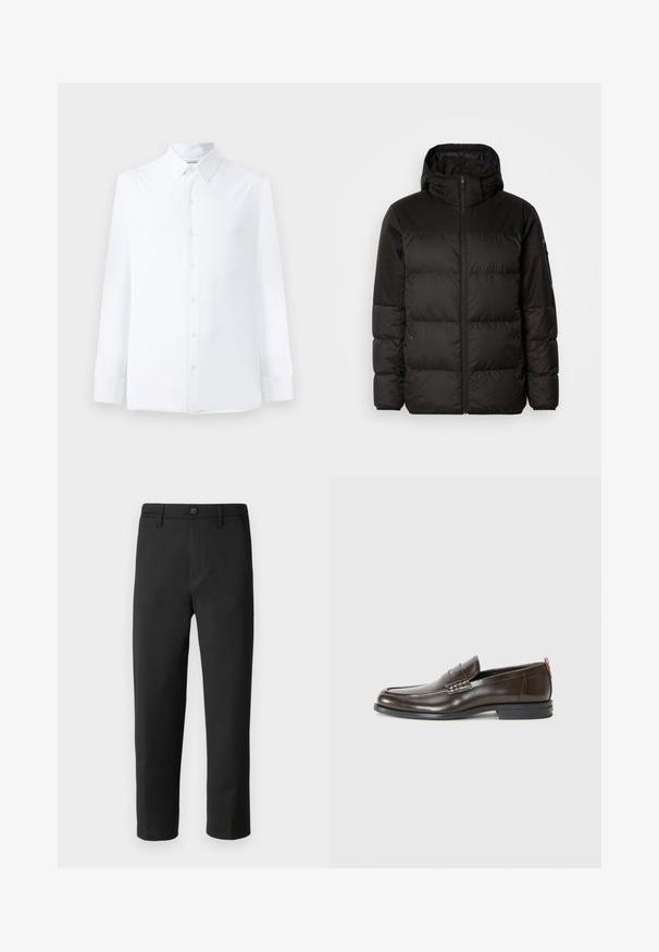 Musta puhvijakku sisältää vetoketjun, hupun, tilkuista koostuvia osioita ja joustavat hihansuut. Se on valmistettu sileästä, vedenpitävästä materiaalista.; Valkoinen pitkähihainen paita, joka on valmistettu sileästä kankaasta. Paidassa on klassinen kaulus, edessä nappisulku ja istuva leikkaus. Ei näkyviä kuvioita.; Mustat suorat housut, valmistettu sileästä kankaasta. Varustettu nappisulkimella ja vyölenkeillä. Ei näkyviä kuvioita tai yksityiskohtia.; Ruske kožne loafere s glatkom završnom obradom, okruglim vrhom, dekorativnim šavovima i kontrastnim crvenim detaljem na peti. Gumeni potplat.